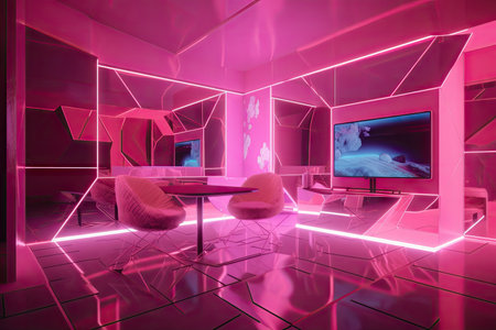 pink futuristic room, with holographic projections and technological advances, created with generative aiの素材