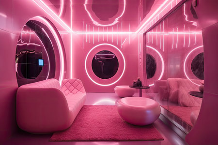 pink futuristic room, with holographic projections and technological advances, created with generative aiの素材