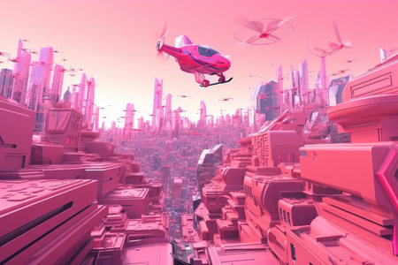 pink futuristic cityscape with hovering transports and flying vehicles, created with generative aiの素材