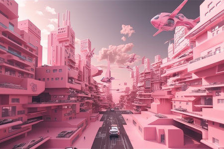 pink futuristic cityscape with hovering transports and flying vehicles, created with generative aiの素材