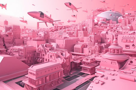 pink futuristic cityscape with flying vehicles and advanced buildings, created with generative aiの素材