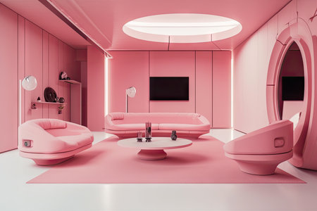 pink futuristic room with sleek furniture and minimalist design, created with generative aiの素材