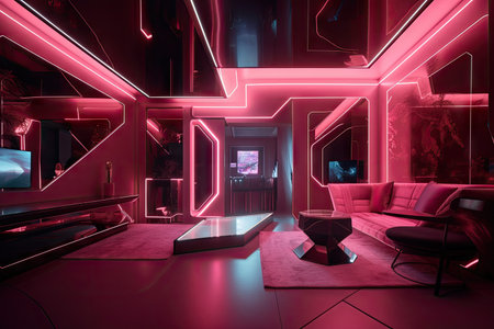 pink futuristic room with floating holographic displays, metallic accents, and sleek design, created with generative aiの素材