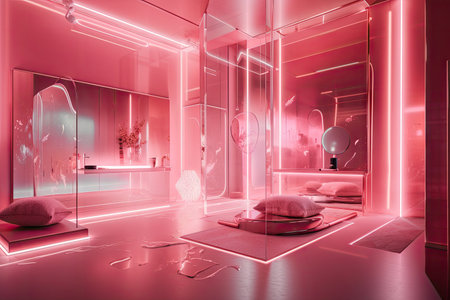 pink futuristic room with floating holographic displays, metallic accents, and sleek design, created with generative aiの素材