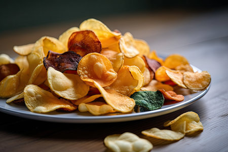 plate of crispy and salty potato chips with variety of flavors, created with generative aiの素材
