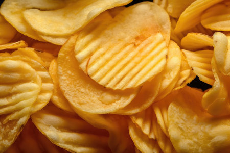 close-up of potato chip, with detailed view of its texture and flavor, created with generative aiの素材