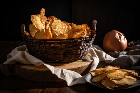hand-cut potatoes chips, with the skin left on, served in basket, created with generative aiの素材