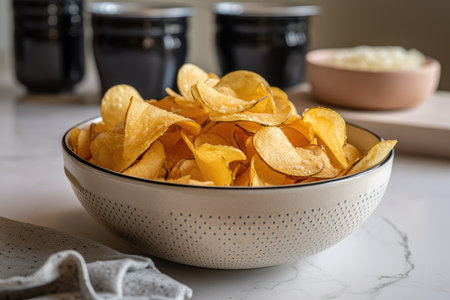bowl of crispy chips, ready for stacking or sprinkling with salt and pepper, created with generative aiの素材