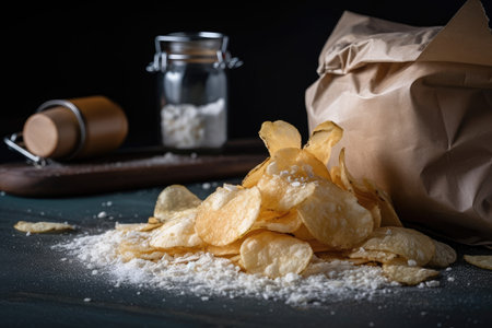 bag of potato chips spilling over with salt and crunchy goodness, created with generative aiの素材