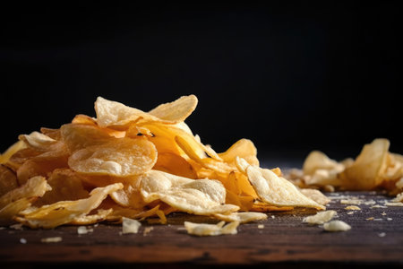 close-up of pile of crunchy and salty chips, created with generative aiの素材
