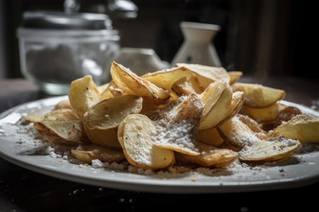 a plate of freshly made chips, dusted with salt and pepper, created with generative aiの素材