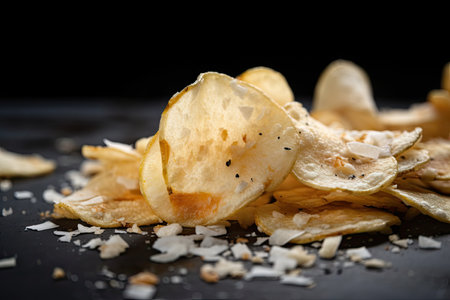 close-up of potato chip, with salt and pepper on the surface, created with generative aiの素材