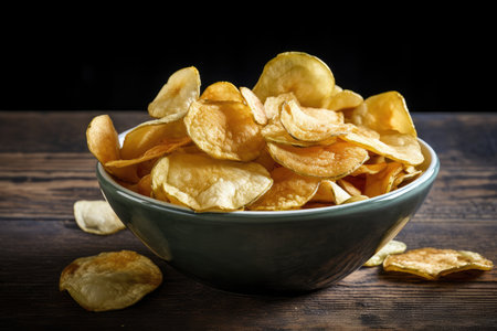 bowl of crispy and salted potatoes chips, ready to be devoured, created with generative aiの素材