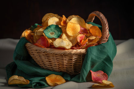 basket full of crispy and colorful potato chips, created with generative aiの素材