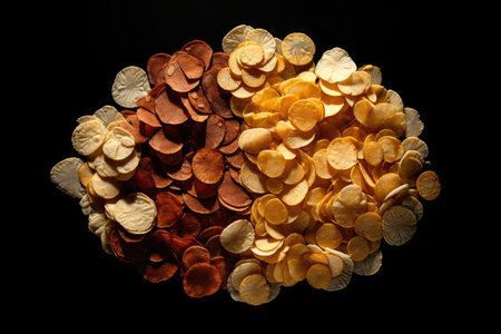 potatoes chips arranged in beautiful pop art design on black background, created with generative aiの素材