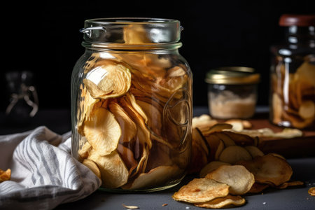 jar of homemade potato chips, ready to be served, created with generative aiの素材