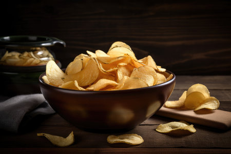 bowl of freshly made potatoes chips, ready to be devoured, created with generative aiの素材