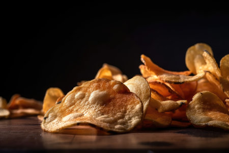 close-up of crispy and salted potato chips, created with generative aiの素材