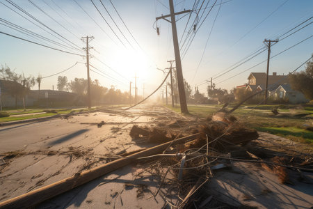 power line breakage with toppled utility pole and sparks flying, created with generative aiの素材