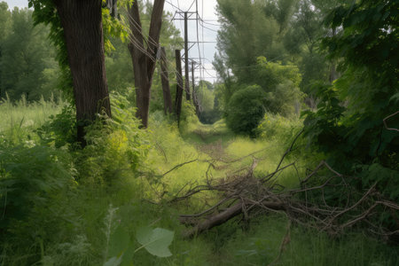 power line breakage in a densely vegetated area, with trees and plants close to the wire, created with generative aiの素材