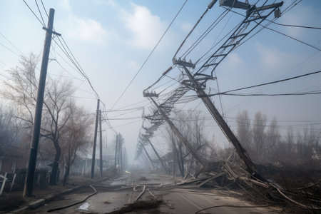 power line suspended in the air after breakage due to strong wind, created with generative aiの素材