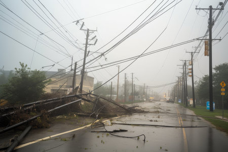 power line hanging dangerously above a busy highway after being broken by storm, created with generative aiの素材