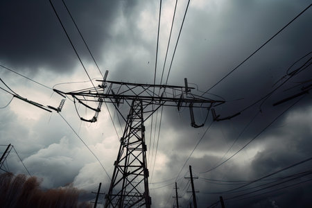 close-up of broken power lines surrounded by stormy clouds, created with generative aiの素材