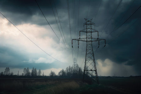 power line breakage with stormy sky in the background, symbolizing sudden and unexpected change, created with generative aiの素材