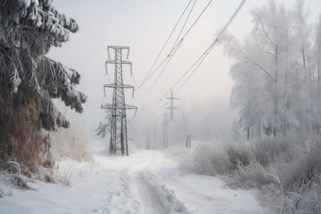 power line sagging under heavy snowfall, with view of tranquil winter landscape, created with generative aiの素材