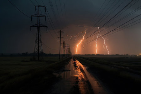 power line broken in storm, with lightning striking nearby, created with generative aiの素材