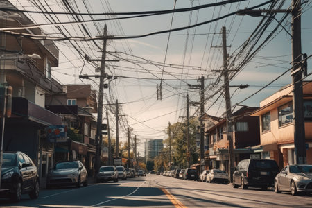 power line hanging dangerously low over busy street, ready to snap and cause major traffic jam, created with generative aiの素材
