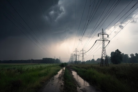 power line breakage in stormy weather, with lightning and thunder, created with generative aiの素材