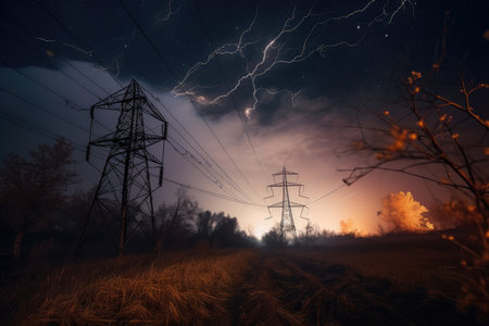 sparks fly from broken power line, illuminating dark night sky, created with generative aiの素材