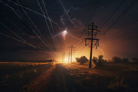 sparks fly from broken power line, illuminating dark night sky, created with generative aiの素材