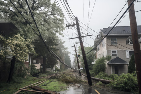 power line hanging dangerously low after broken pole, with live wires exposed, created with generative aiの素材