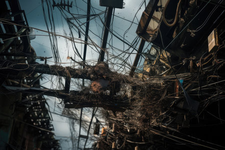 power line hanging down and sparking, with broken wires dangling, created with generative aiの素材