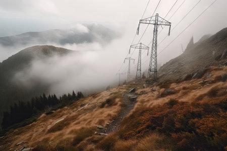 power line breakage on the top of a mountain, with misty clouds visible in the background, created with generative aiの素材