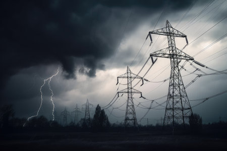 power line breakage in stormy weather, with lightning bolts flashing, created with generative aiの素材