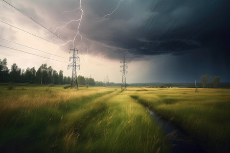 power line breakage in stormy weather, with lightning bolts flashing, created with generative aiの素材