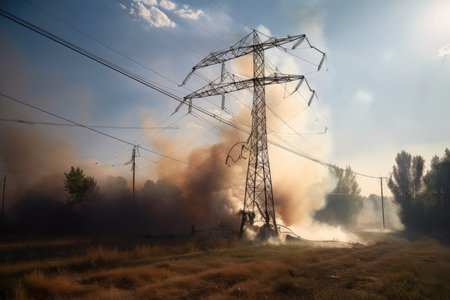 high-voltage power line breaking, causing sparking and smoke, created with generative aiの素材