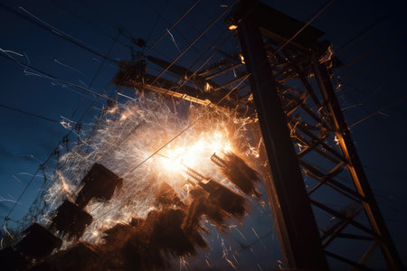 close-up of power line breakage, with sparks flying, created with generative aiの素材