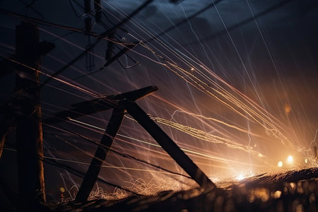 power line breaks and sparks on metal plate in the night sky, created with generative aiの素材