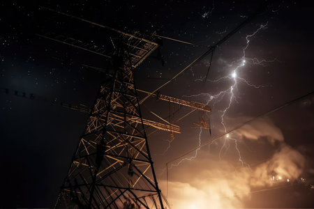 power line breaks and sparks on metal plate in the night sky, created with generative aiの素材