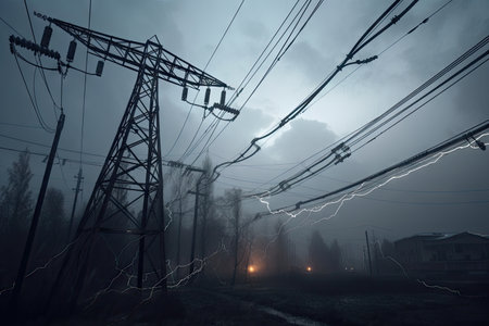 power line with broken insulators and electrical sparks flying in stormy weather, created with generative aiの素材