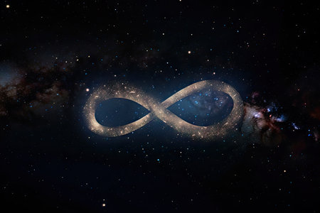 infinity symbol on a starry night sky, surrounded by shining stars, created with generative aiの素材