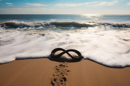 infinity sign on a beach, with the waves rolling in, created with generative aiの素材