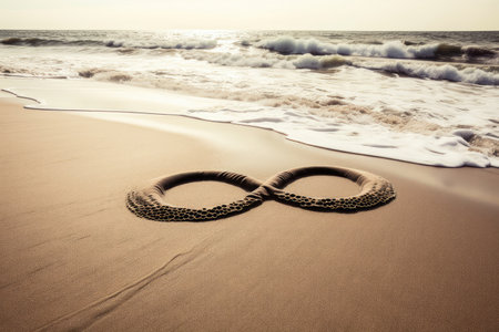 infinity sign on the beach, with waves rolling onto the shore, created with generative aiの素材