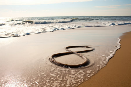 infinity sign on the beach, with waves rolling onto the shore, created with generative aiの素材
