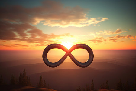 infinity sign with sunrise or sunset, symbolizing the beginning and end of the day, created with generative aiの素材