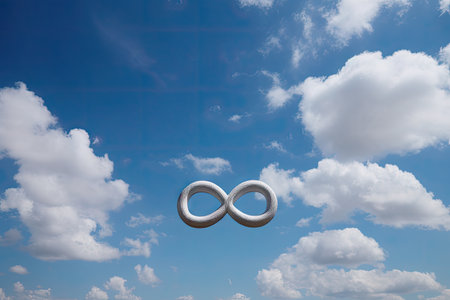 infinity sign on a clear blue sky, with puffy clouds in the background, created with generative aiの素材